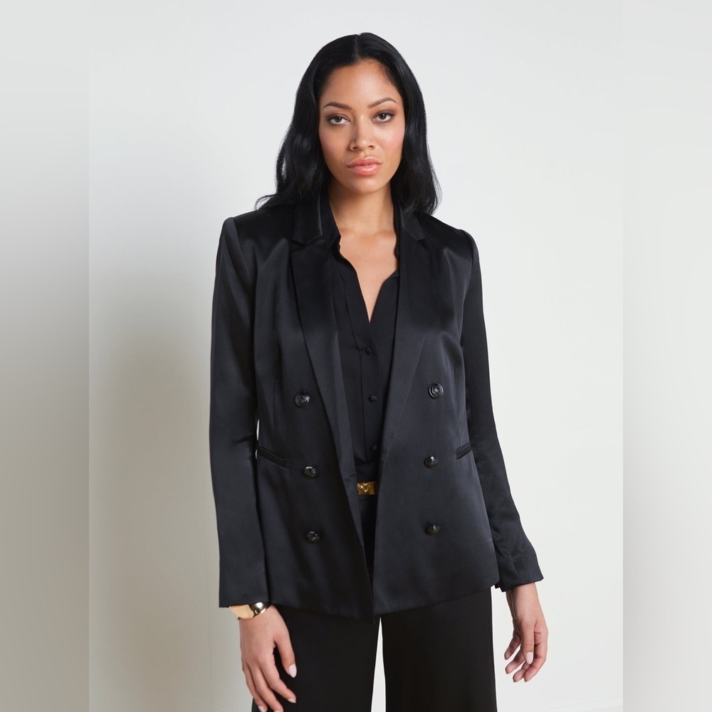 L'AGENCE Colin Silk Charmeuse Double Breasted Blazer Black size 12